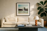 Paris Moments V by Laura Marshall. Displayed in a glass frame with matte in a clean modern living room. Available as an archival giclee rolled canvas, fine art paper, or poster print. SKU 25893a.