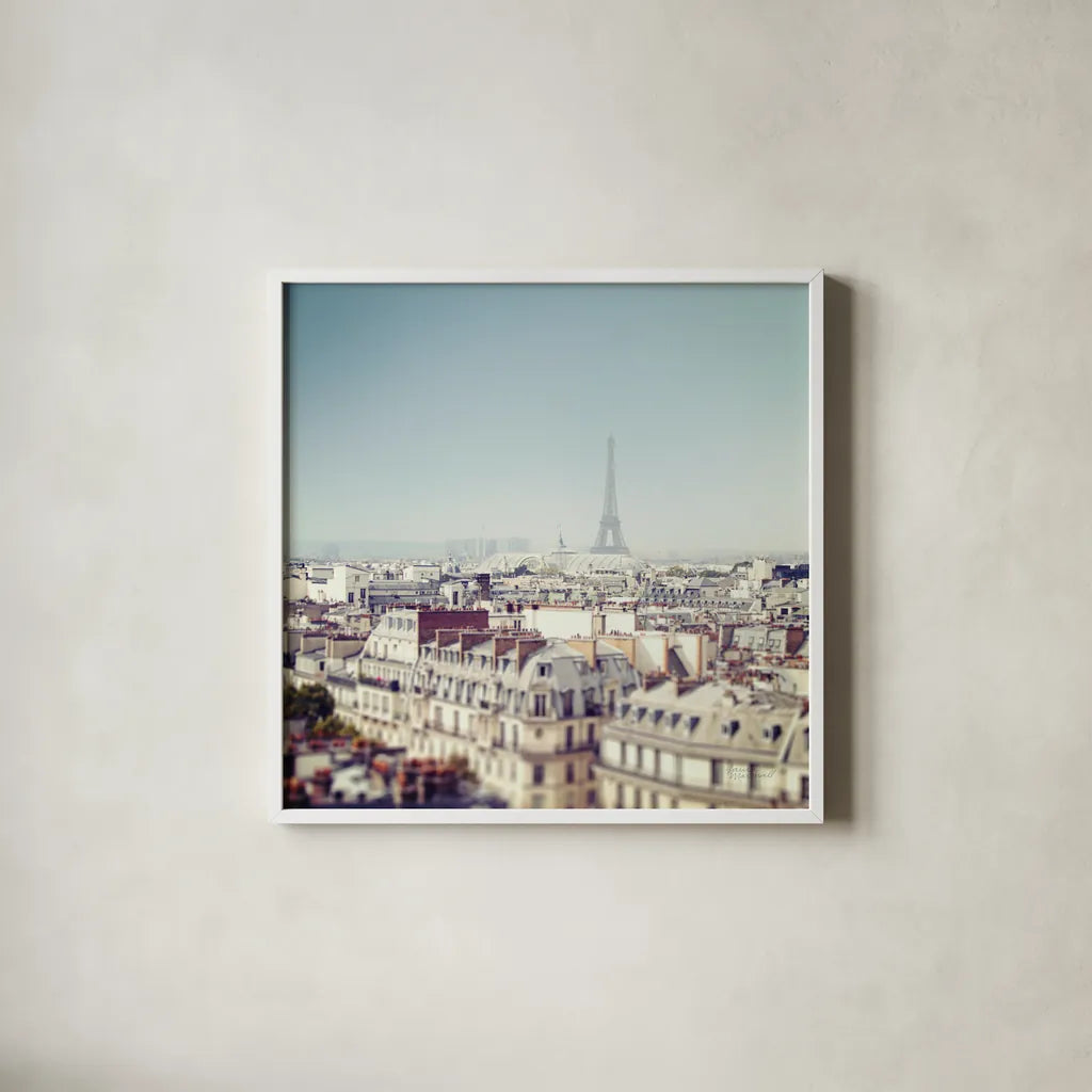 Paris Moments VI by Laura Marshall. Shown in a crisp white glass frame for a clean and minimalist style. Available as an archival giclee rolled canvas, fine art paper, or poster print. SKU 25894a.