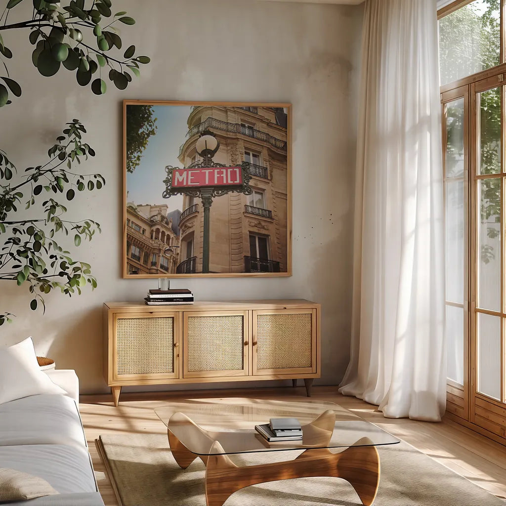 Paris Moments VII by Laura Marshall. Shown in a natural wood frame in a cozy modern living room. Available as an archival giclee rolled canvas, fine art paper, or poster print. SKU 25895a.