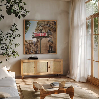 Paris Moments VII by Laura Marshall. Shown in a natural wood frame in a cozy modern living room. Available as an archival giclee rolled canvas, fine art paper, or poster print. SKU 25895a.