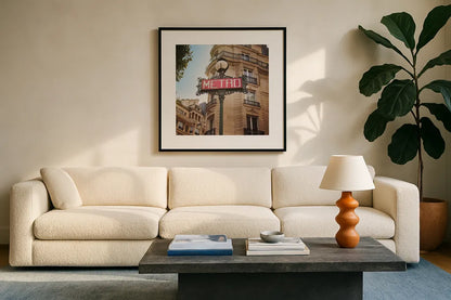 Paris Moments VII by Laura Marshall. Displayed in a glass frame with matte in a clean modern living room. Available as an archival giclee rolled canvas, fine art paper, or poster print. SKU 25895a.