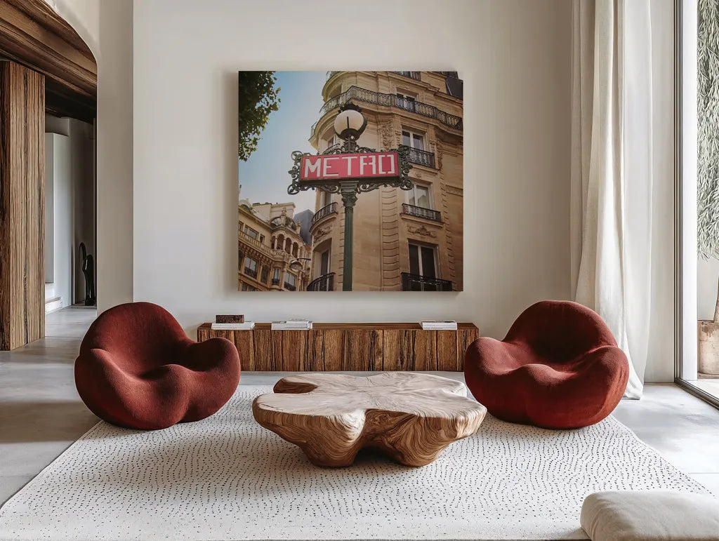 Paris Moments VII by Laura Marshall. Shown as extra-large giant wall art in a modern living room. Available as an archival giclee rolled canvas, fine art paper, or poster print. SKU 25895a.