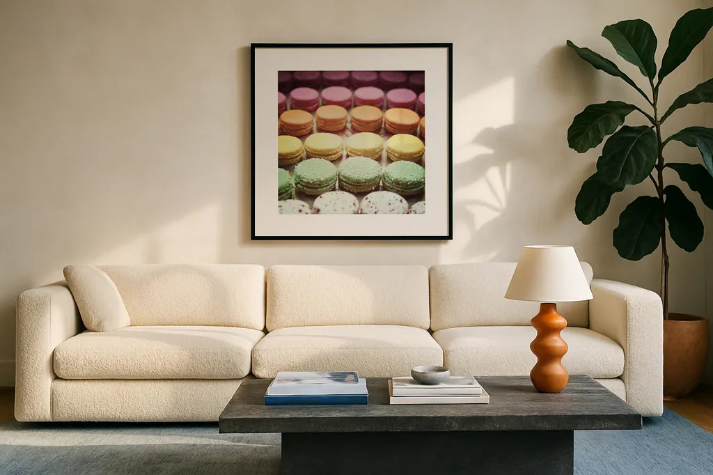 Paris Moments VIII by Laura Marshall. Displayed in a glass frame with matte in a clean modern living room. Available as an archival giclee rolled canvas, fine art paper, or poster print. SKU 25896a.