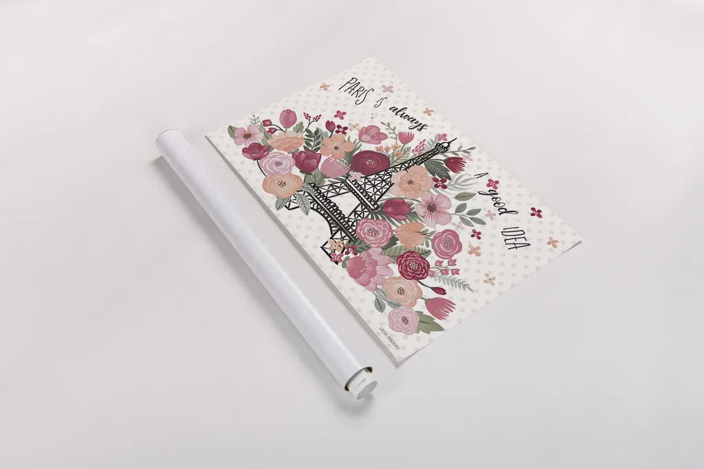 Paris is Blooming I by Laura Marshall. shown as a rolled paper print. Available as archival giclee rolled canvas, fine art paper, or poster print. SKU 45326i.