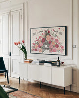 Paris is Blooming I by Laura Marshall. shown as a framed stretched canvas in a living room above a console. Available as a archival giclee rolled canvas, fine art paper, or poster print. SKU 45326i.