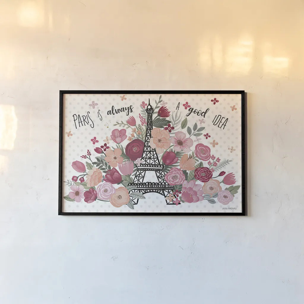 Paris is Blooming I by Laura Marshall. shown as a paper print in a black flame. Available as a archival giclee rolled canvas, fine art paper, or poster print. SKU 45326i.