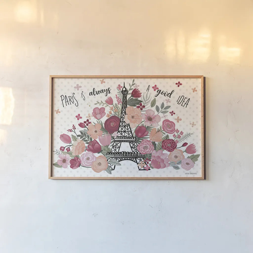 Paris is Blooming I by Laura Marshall. shown as a paper print in a natural frame. Available as a archival giclee rolled canvas, fine art paper, or poster print. SKU 45326i.