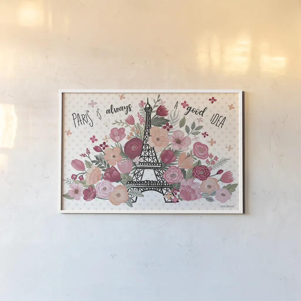 Paris is Blooming I by Laura Marshall. shown as a paper print in a white frame. Available as a archival giclee rolled canvas, fine art paper, or poster print. SKU 45326i.