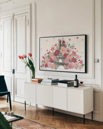 Paris is Blooming I No Words by Laura Marshall. shown as a framed stretched canvas in a living room above a console. Available as a archival giclee rolled canvas, fine art paper, or poster print. SKU 62405i.