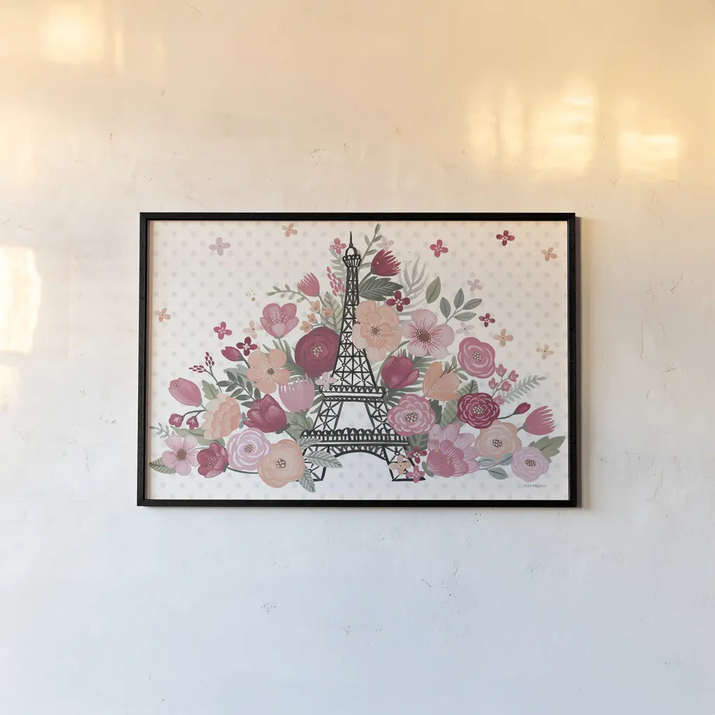 Paris is Blooming I No Words by Laura Marshall. shown as a paper print in a black flame. Available as a archival giclee rolled canvas, fine art paper, or poster print. SKU 62405i.