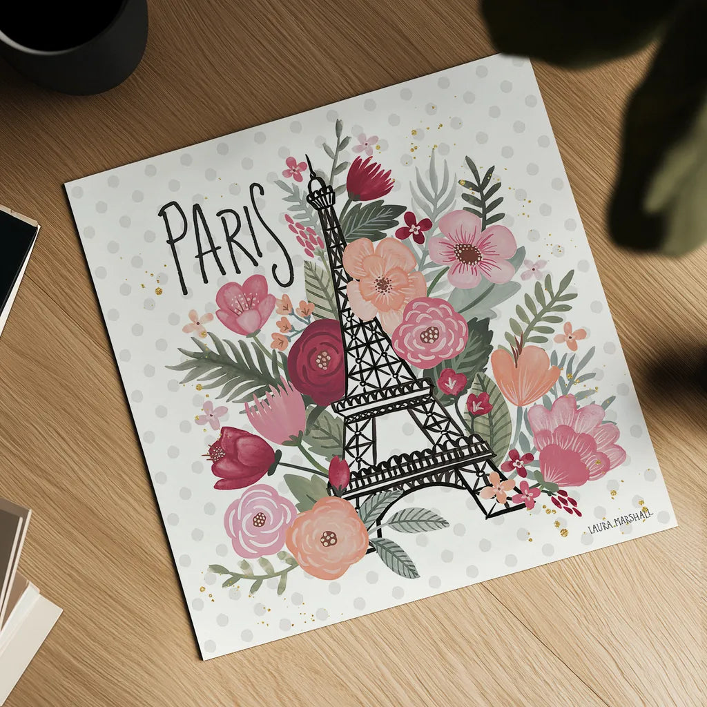 Paris is Blooming II by Laura Marshall. Shown as a detailed flat fine art print, highlighting archival giclee quality. Available as an archival giclee rolled canvas, fine art paper, or poster print. SKU 45327a.