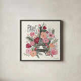 Paris is Blooming II by Laura Marshall. Shown in a sleek black glass frame for a contemporary gallery look. Available as an archival giclee rolled canvas, fine art paper, or poster print. SKU 45327a.