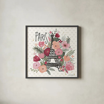 Paris is Blooming II by Laura Marshall. Shown in a sleek black glass frame for a contemporary gallery look. Available as an archival giclee rolled canvas, fine art paper, or poster print. SKU 45327a.