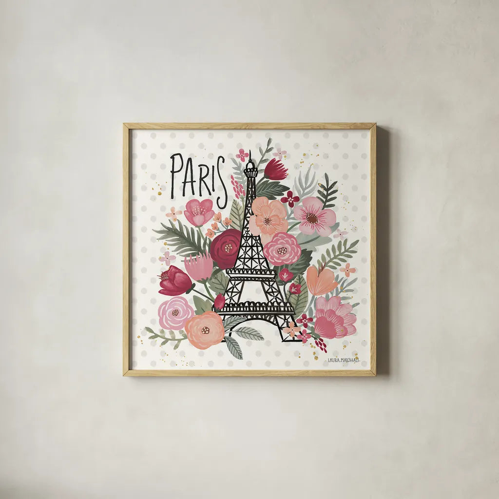 Paris is Blooming II by Laura Marshall. Shown in a natural wood glass frame for a timeless modern aesthetic. Available as an archival giclee rolled canvas, fine art paper, or poster print. SKU 45327a.