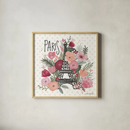 Paris is Blooming II by Laura Marshall. Shown in a natural wood glass frame for a timeless modern aesthetic. Available as an archival giclee rolled canvas, fine art paper, or poster print. SKU 45327a.