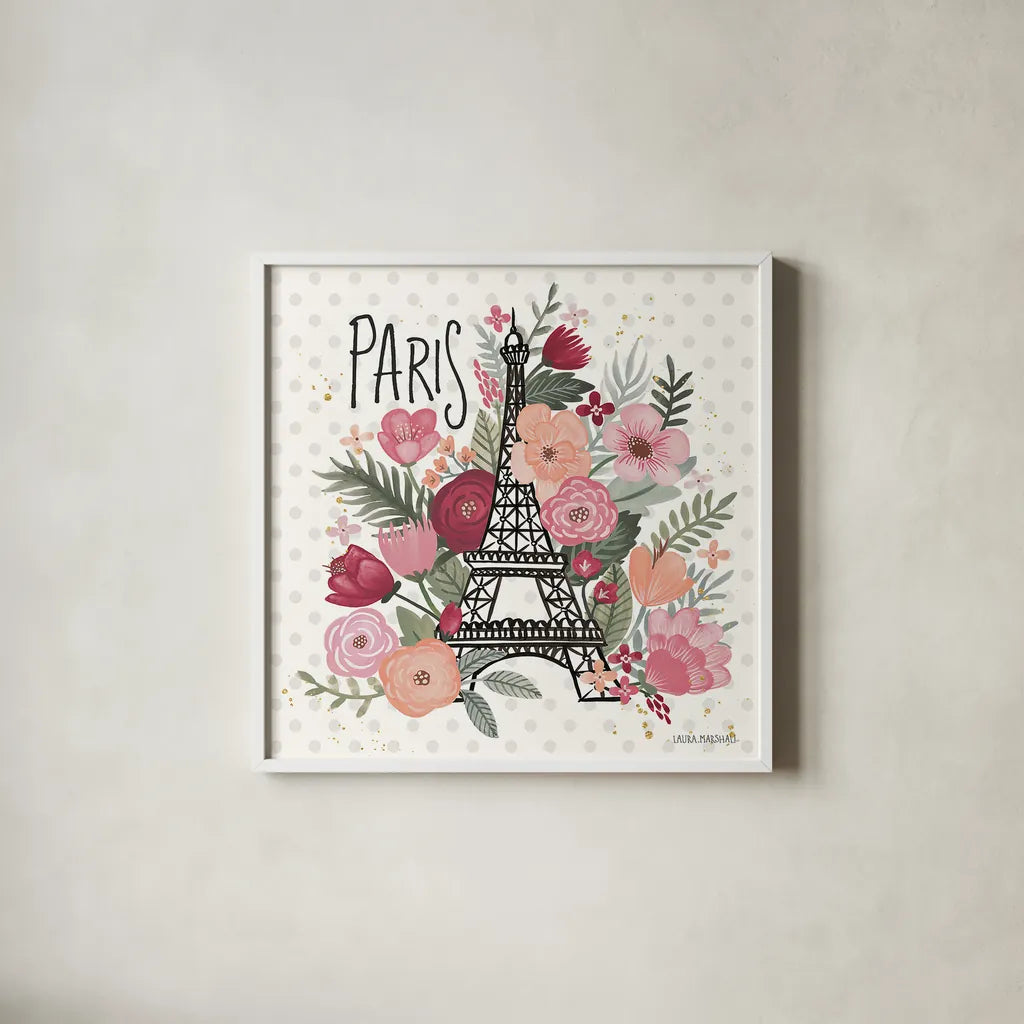 Paris is Blooming II by Laura Marshall. Shown in a crisp white glass frame for a clean and minimalist style. Available as an archival giclee rolled canvas, fine art paper, or poster print. SKU 45327a.