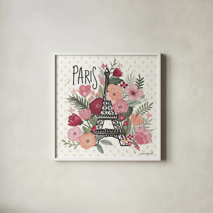 Paris is Blooming II by Laura Marshall. Shown in a crisp white glass frame for a clean and minimalist style. Available as an archival giclee rolled canvas, fine art paper, or poster print. SKU 45327a.