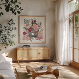 Paris is Blooming II by Laura Marshall. Shown in a natural wood frame in a cozy modern living room. Available as an archival giclee rolled canvas, fine art paper, or poster print. SKU 45327a.