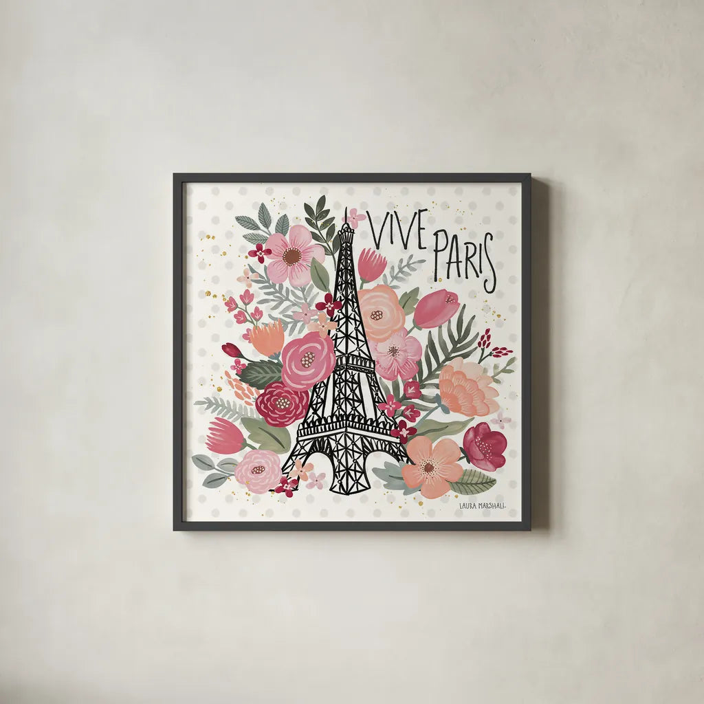 Paris is Blooming III by Laura Marshall. Shown in a sleek black glass frame for a contemporary gallery look. Available as an archival giclee rolled canvas, fine art paper, or poster print. SKU 45328a.