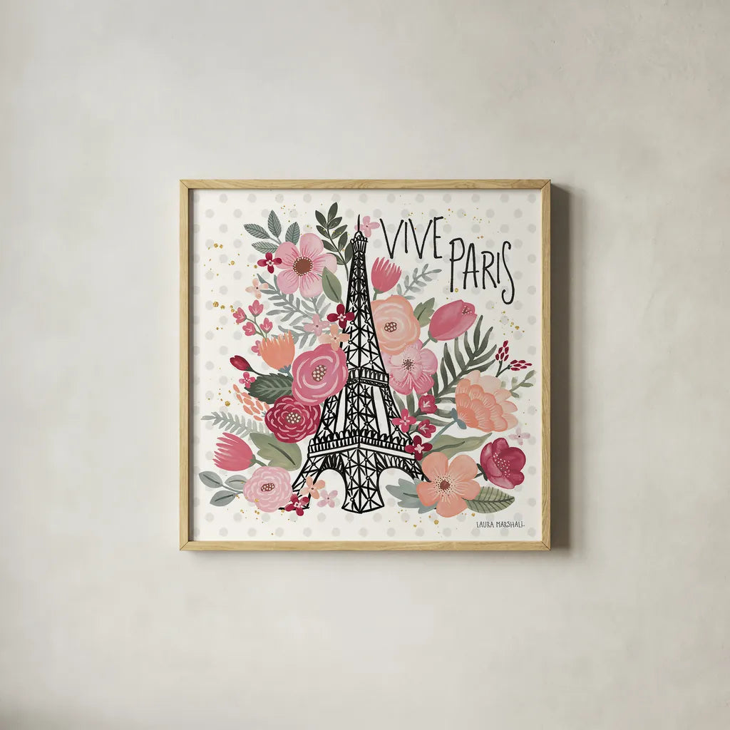 Paris is Blooming III by Laura Marshall. Shown in a natural wood glass frame for a timeless modern aesthetic. Available as an archival giclee rolled canvas, fine art paper, or poster print. SKU 45328a.