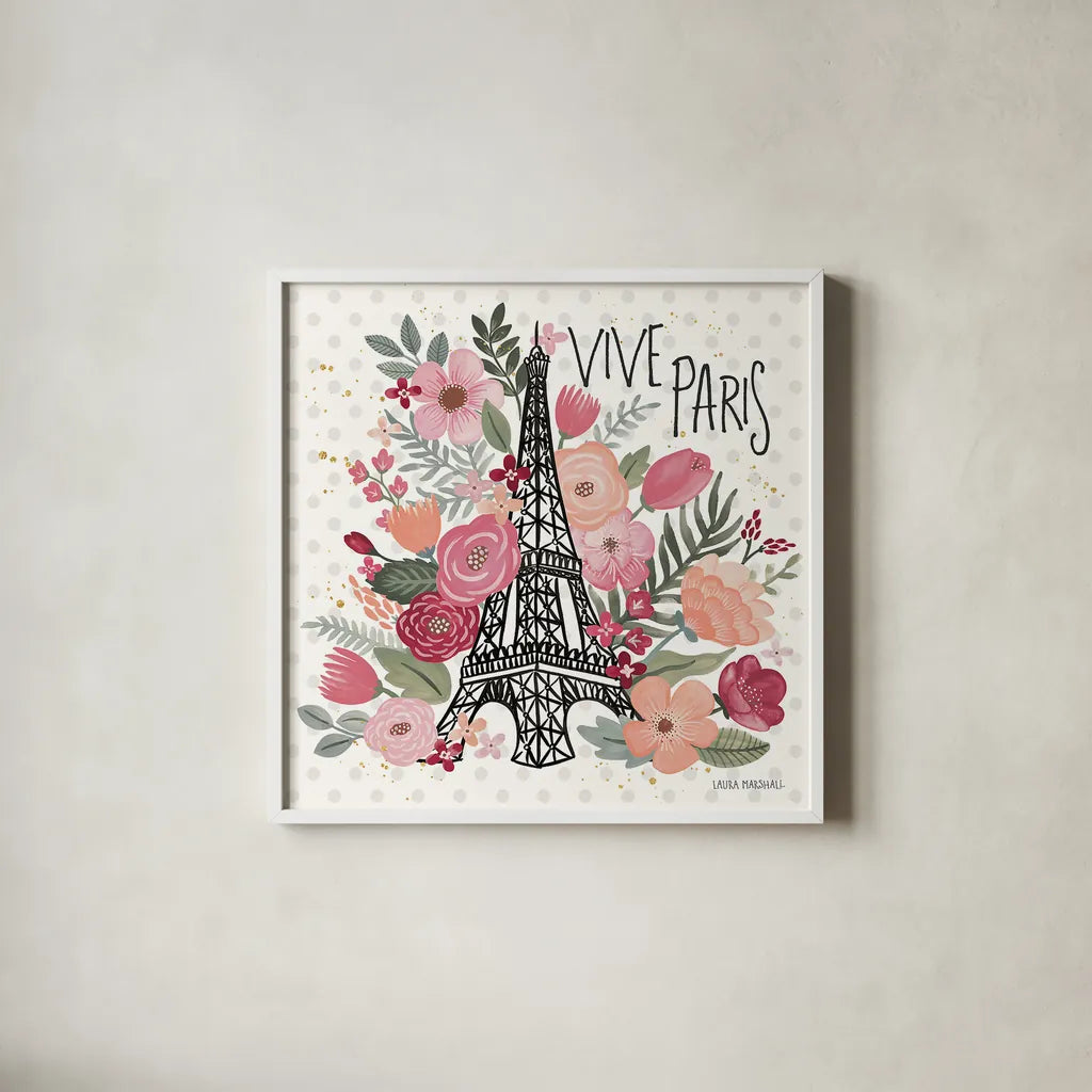 Paris is Blooming III by Laura Marshall. Shown in a crisp white glass frame for a clean and minimalist style. Available as an archival giclee rolled canvas, fine art paper, or poster print. SKU 45328a.