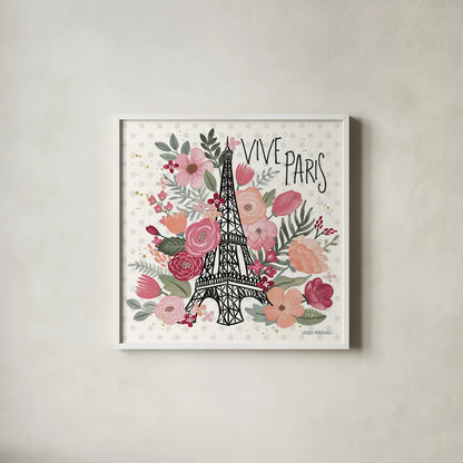 Paris is Blooming III by Laura Marshall. Shown in a crisp white glass frame for a clean and minimalist style. Available as an archival giclee rolled canvas, fine art paper, or poster print. SKU 45328a.