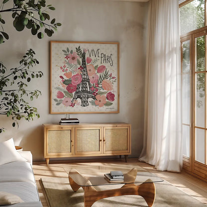 Paris is Blooming III by Laura Marshall. Shown in a natural wood frame in a cozy modern living room. Available as an archival giclee rolled canvas, fine art paper, or poster print. SKU 45328a.