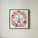 Paris is Blooming IV by Laura Marshall. Shown in a sleek black glass frame for a contemporary gallery look. Available as an archival giclee rolled canvas, fine art paper, or poster print. SKU 45329a.