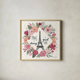 Paris is Blooming IV by Laura Marshall. Shown in a natural wood glass frame for a timeless modern aesthetic. Available as an archival giclee rolled canvas, fine art paper, or poster print. SKU 45329a.