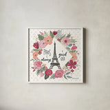 Paris is Blooming IV by Laura Marshall. Shown in a crisp white glass frame for a clean and minimalist style. Available as an archival giclee rolled canvas, fine art paper, or poster print. SKU 45329a.