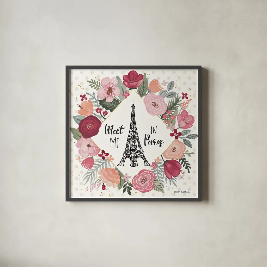 Paris is Blooming V by Laura Marshall. Shown in a sleek black glass frame for a contemporary gallery look. Available as an archival giclee rolled canvas, fine art paper, or poster print. SKU 45330a.
