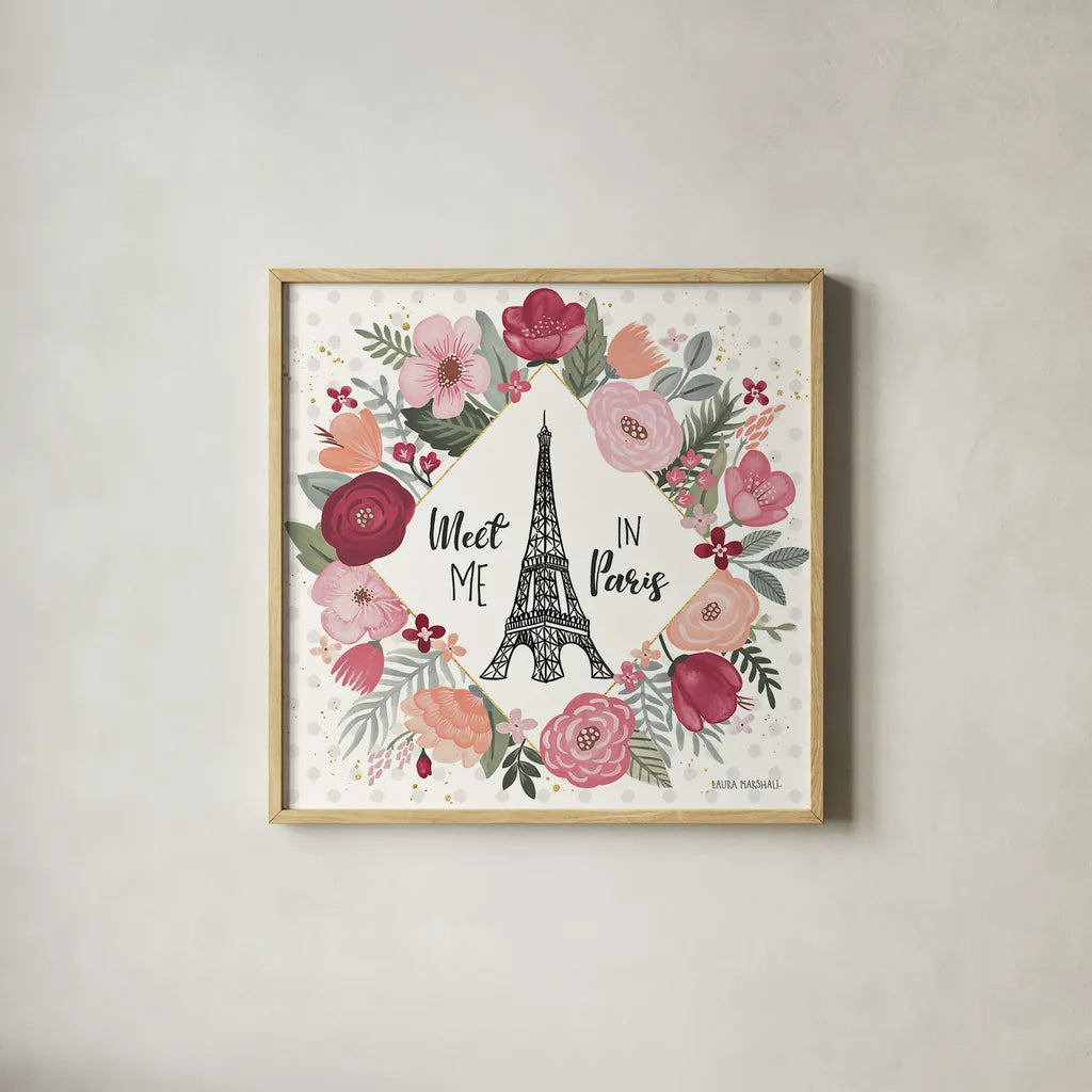 Paris is Blooming V by Laura Marshall. Shown in a natural wood glass frame for a timeless modern aesthetic. Available as an archival giclee rolled canvas, fine art paper, or poster print. SKU 45330a.
