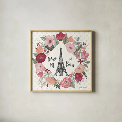 Paris is Blooming V by Laura Marshall. Shown in a natural wood glass frame for a timeless modern aesthetic. Available as an archival giclee rolled canvas, fine art paper, or poster print. SKU 45330a.