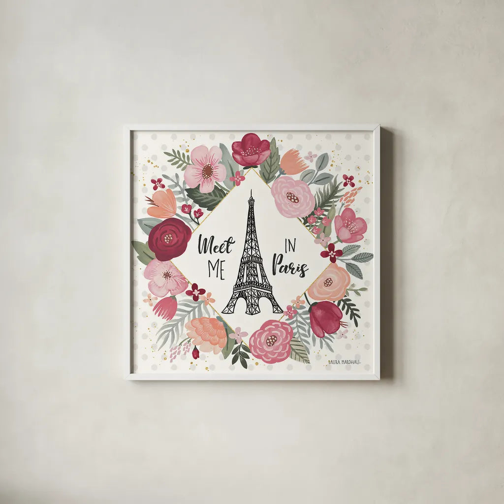 Paris is Blooming V by Laura Marshall. Shown in a crisp white glass frame for a clean and minimalist style. Available as an archival giclee rolled canvas, fine art paper, or poster print. SKU 45330a.