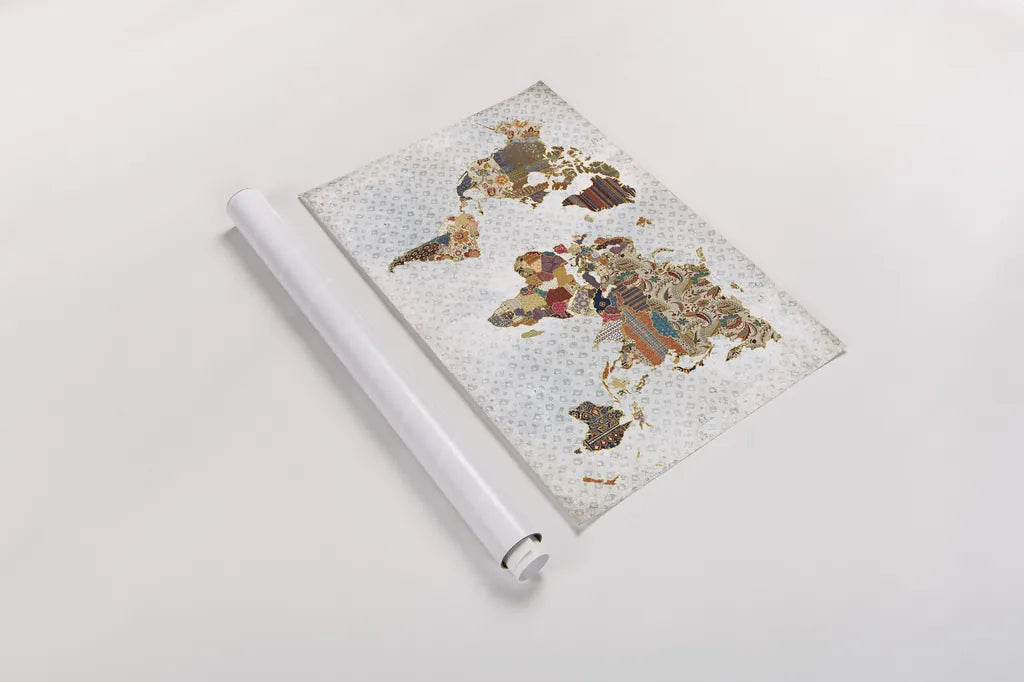 Pattern World Map Geo Background by Laura Marshall. shown as a rolled paper print. Available as archival giclee rolled canvas, fine art paper, or poster print. SKU 31807i.