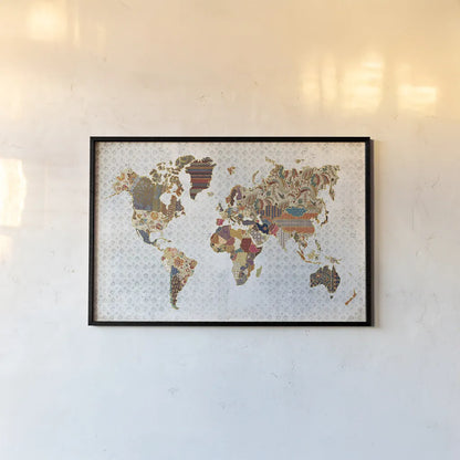 Pattern World Map Geo Background by Laura Marshall. shown as a paper print in a black flame. Available as a archival giclee rolled canvas, fine art paper, or poster print. SKU 31807i.