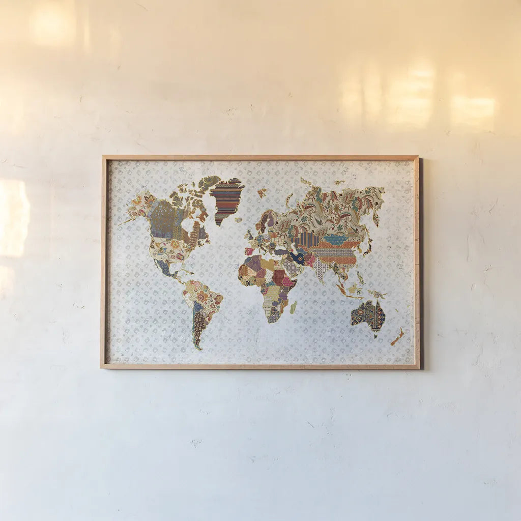 Pattern World Map Geo Background by Laura Marshall. shown as a paper print in a natural frame. Available as a archival giclee rolled canvas, fine art paper, or poster print. SKU 31807i.