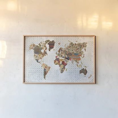 Pattern World Map Geo Background by Laura Marshall. shown as a paper print in a natural frame. Available as a archival giclee rolled canvas, fine art paper, or poster print. SKU 31807i.