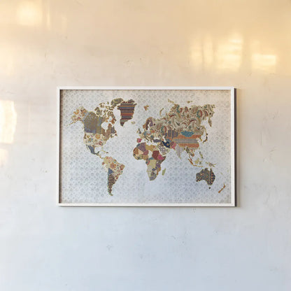 Pattern World Map Geo Background by Laura Marshall. shown as a paper print in a white frame. Available as a archival giclee rolled canvas, fine art paper, or poster print. SKU 31807i.