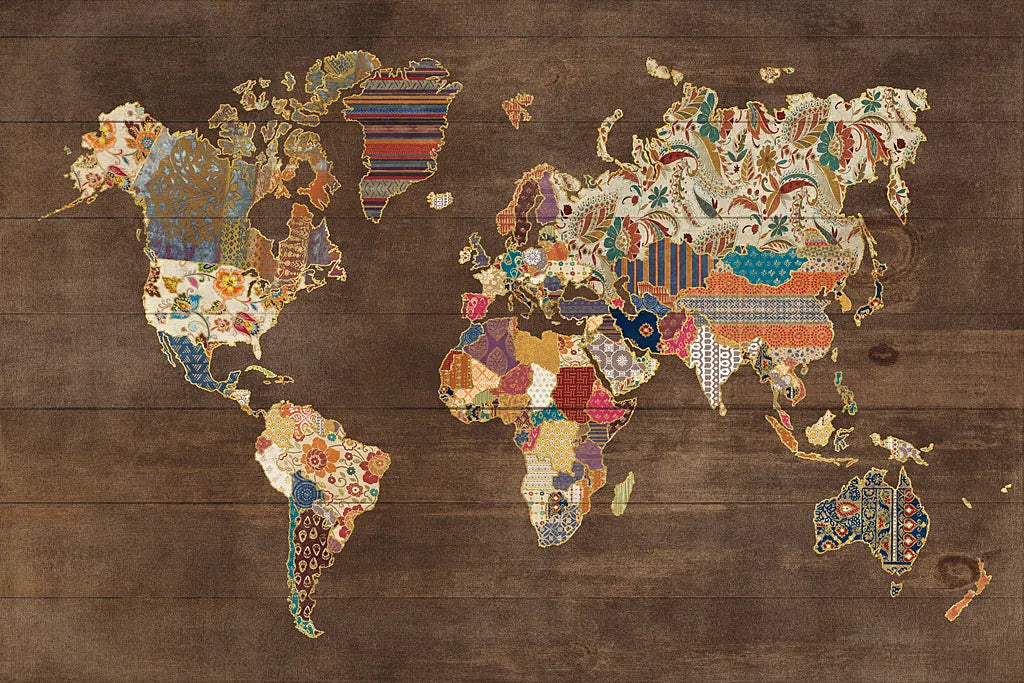 Pattern World Map on Wood by Laura Marshall. SKU 28259i. Archival Giclee Fine art print for wall decor.