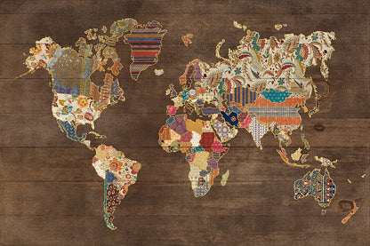 Pattern World Map on Wood by Laura Marshall. SKU 28259i. Archival Giclee Fine art print for wall decor.