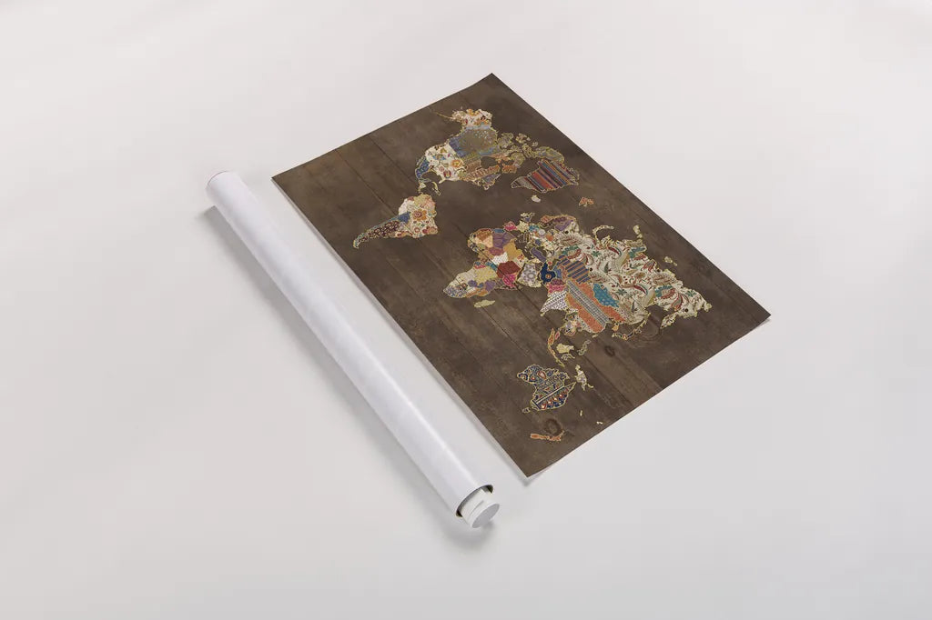 Pattern World Map on Wood by Laura Marshall. shown as a rolled paper print. Available as archival giclee rolled canvas, fine art paper, or poster print. SKU 28259i.