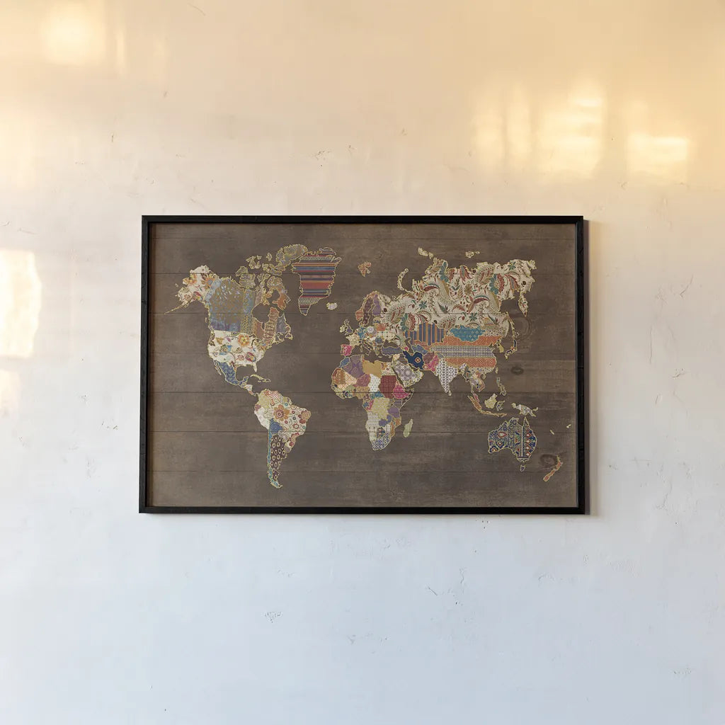 Pattern World Map on Wood by Laura Marshall. shown as a paper print in a black flame. Available as a archival giclee rolled canvas, fine art paper, or poster print. SKU 28259i.