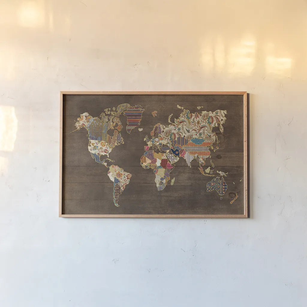 Pattern World Map on Wood by Laura Marshall. shown as a paper print in a natural frame. Available as a archival giclee rolled canvas, fine art paper, or poster print. SKU 28259i.