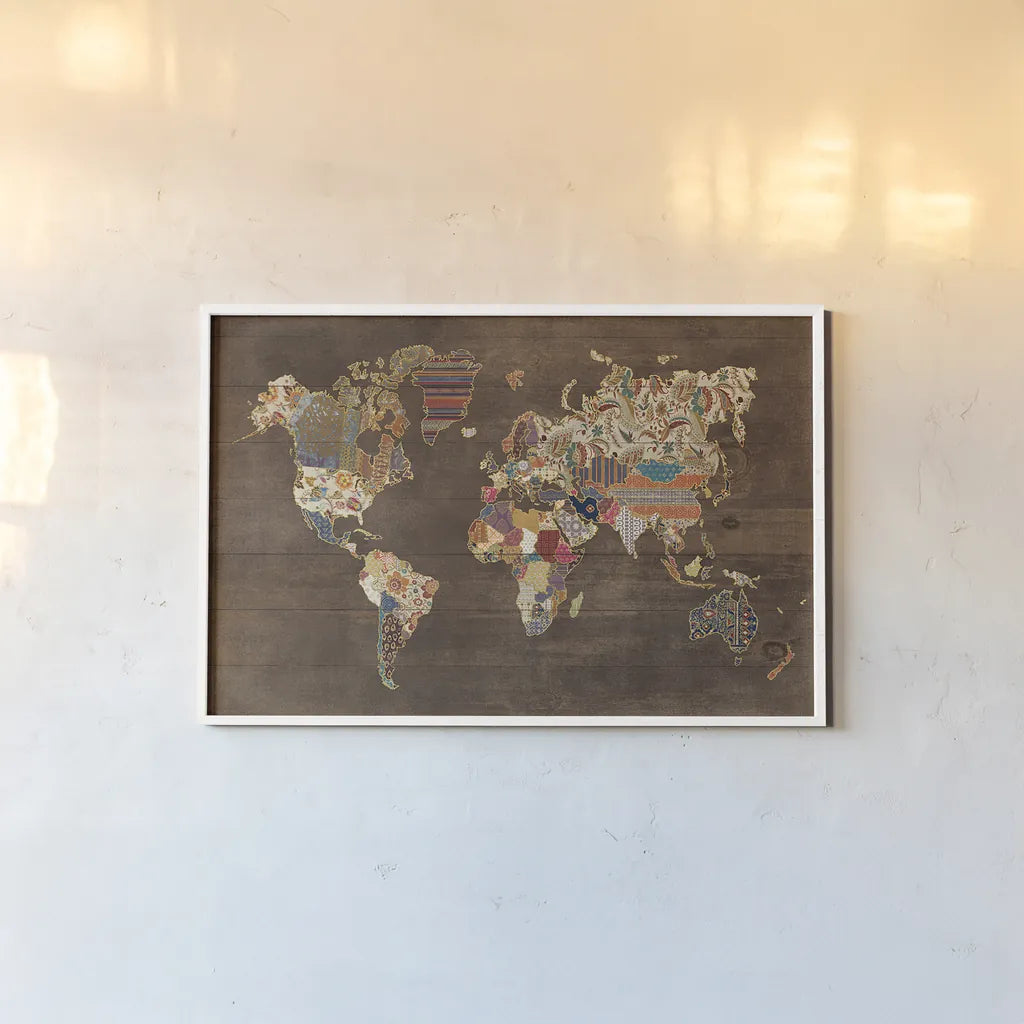Pattern World Map on Wood by Laura Marshall. shown as a paper print in a white frame. Available as a archival giclee rolled canvas, fine art paper, or poster print. SKU 28259i.