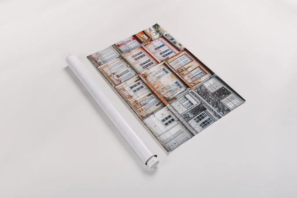 Porto Houses by Laura Marshall. shown as a rolled paper print. Available as archival giclee rolled canvas, fine art paper, or poster print. SKU 81307i.