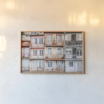 Porto Houses by Laura Marshall. shown as a paper print in a natural frame. Available as a archival giclee rolled canvas, fine art paper, or poster print. SKU 81307i.