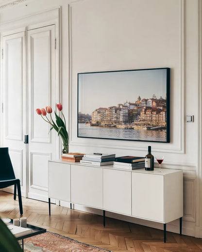 Porto I by Laura Marshall. shown as a framed stretched canvas in a living room above a console. Available as a archival giclee rolled canvas, fine art paper, or poster print. SKU 81308i.