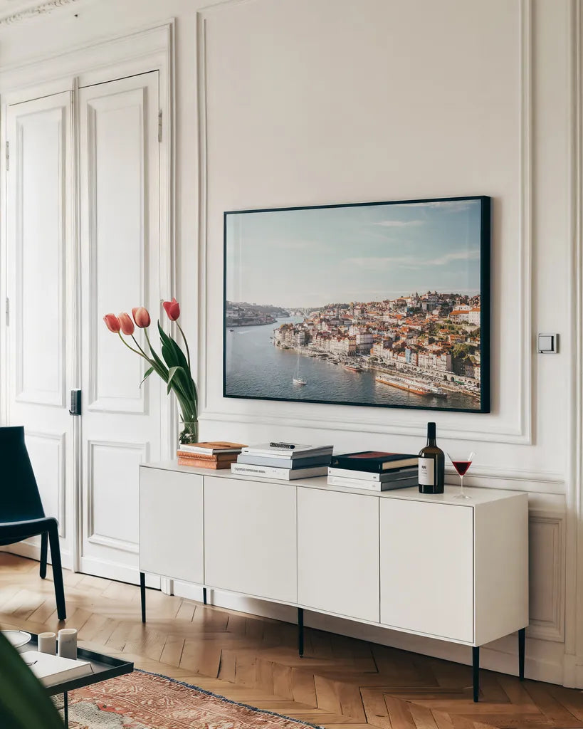 Porto II by Laura Marshall. shown as a framed stretched canvas in a living room above a console. Available as a archival giclee rolled canvas, fine art paper, or poster print. SKU 81309i.