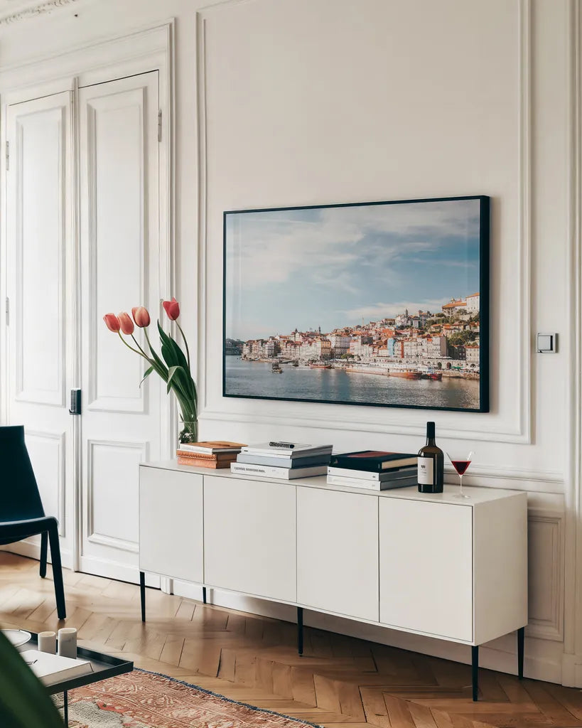 Porto III by Laura Marshall. shown as a framed stretched canvas in a living room above a console. Available as a archival giclee rolled canvas, fine art paper, or poster print. SKU 81310i.